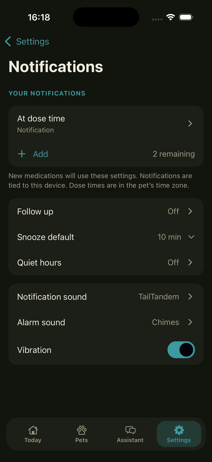 Notification settings with dose-time timing, one follow-up, snooze, quiet hours, sound, and vibration options.
