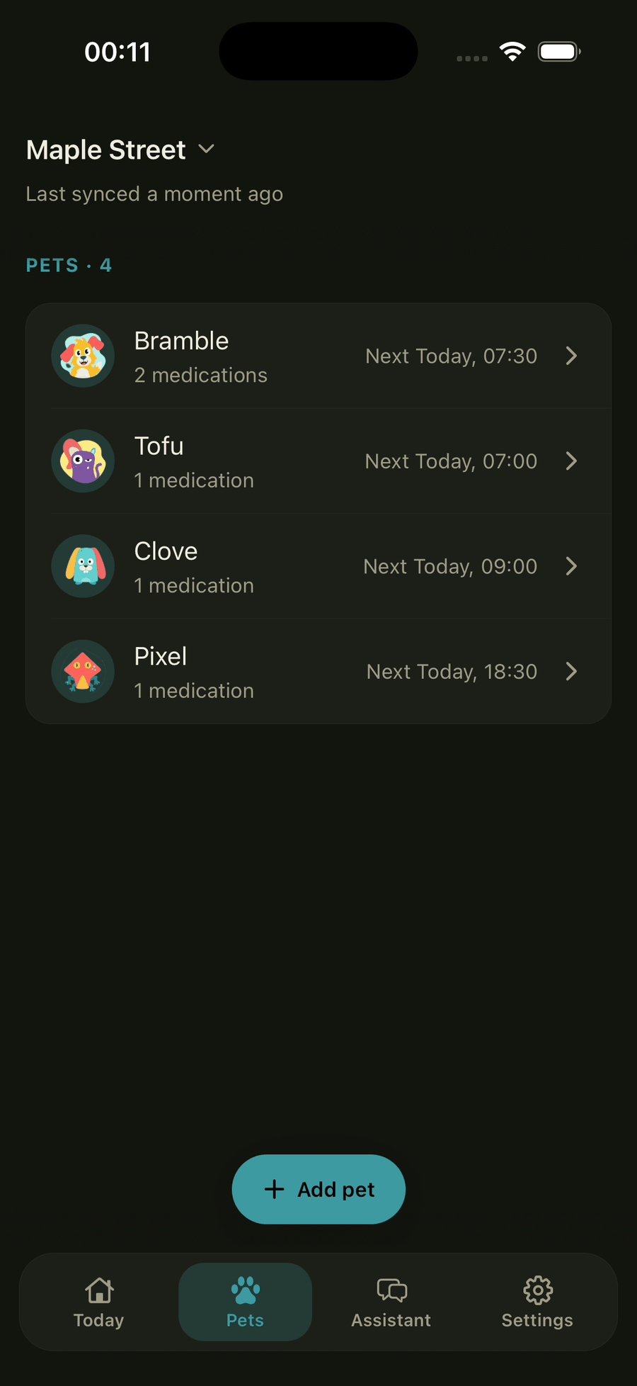 The Pets tab listing four pets, their medication counts, and the next dose times.