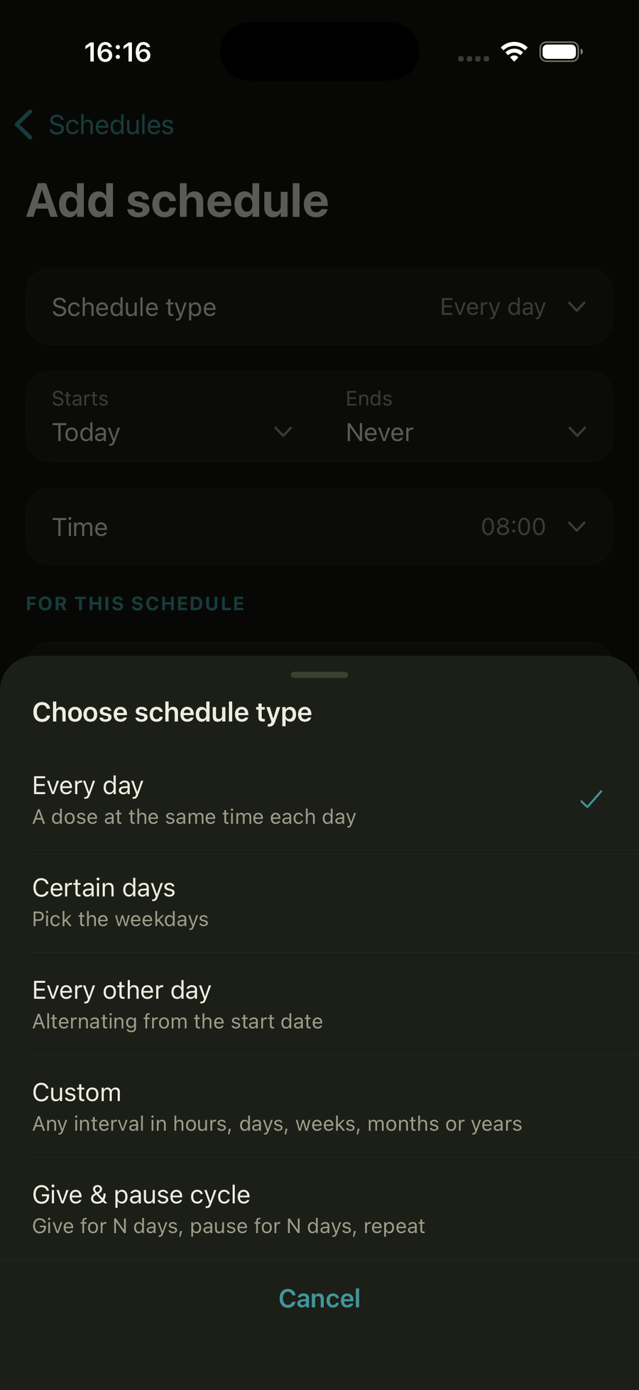 The schedule type picker with every day, certain days, and every other day options